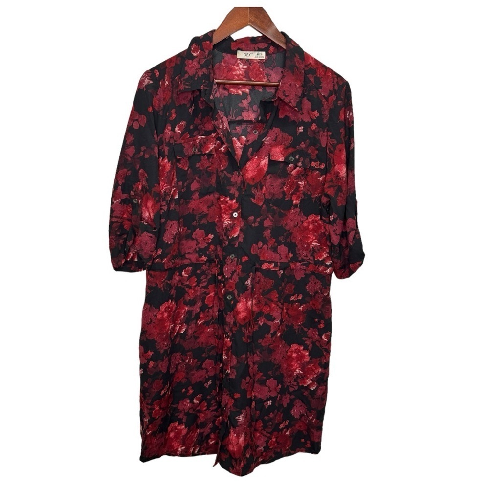 Dex Floral Black & Red Button Down Shirt Dress Pockets Feminine Floral Large